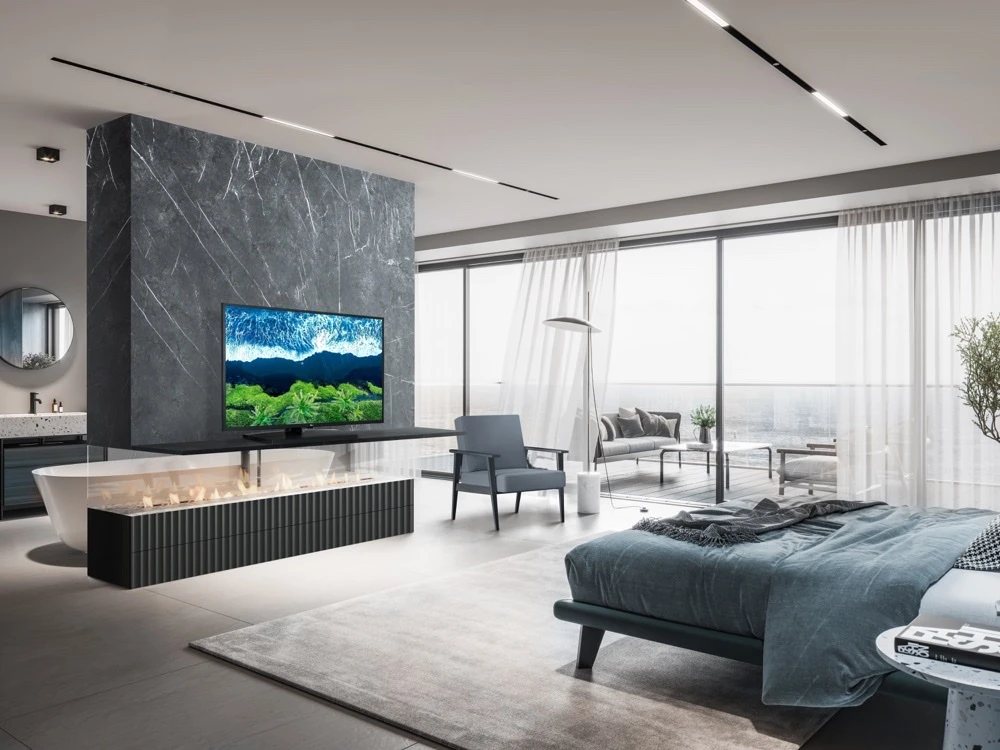 luxe hotelkamer met TV scherm.